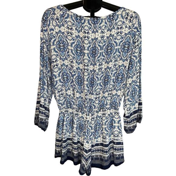 Elevenses Anthropologie Basia Romper Blue and White Boho Style Size XL - Picture 4 of 11